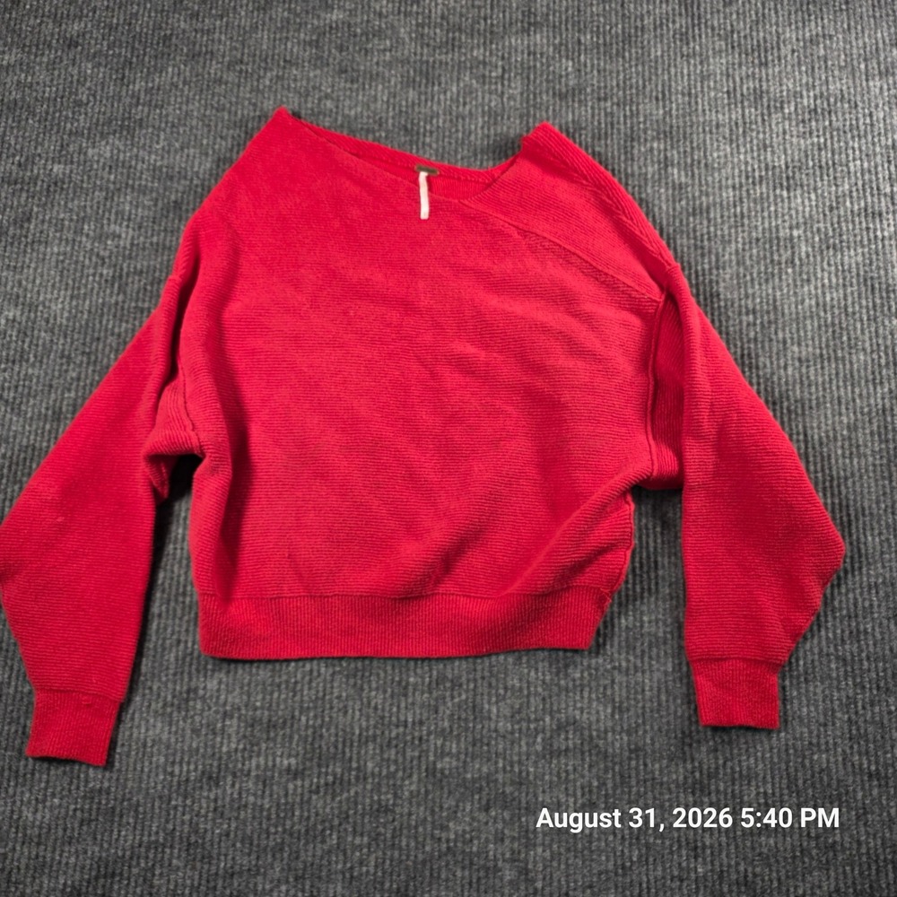 Free People Red Ribbed Asymmetrical Off Shoulder Cropped Pullover Sweater XS